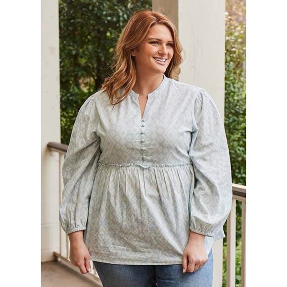 Studio West Apparel Top Women Large Blue White Button Front Boho Peasant Tunic - Picture 4 of 8